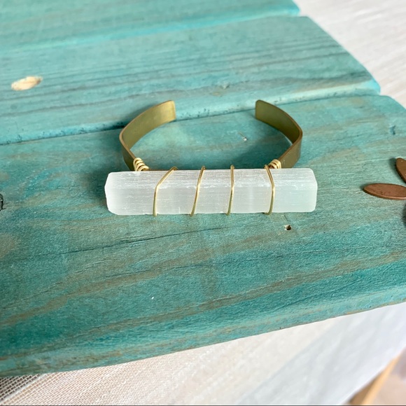 Selenite & Brass Wire Geometric Cuff Bracelet - Picture 5 of 8